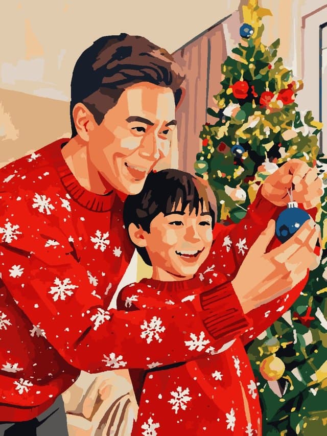Un père et son fils décorant le sapin, colorié